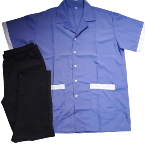 BỘ TẠP VỤ ÁO KATE SIÊU XANH PHỐI VIỀN TÚI VÀ VIỀN TAY MÀU TRẮNG, QUẦN THUN ĐEN CÓ SẴN