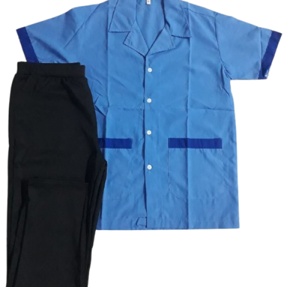 BỘ TẠP VỤ ÁO VẢI KATE SIÊU MÀU XANH PHỐI VIỀN XANH, QUẦN THUN ĐEN CÓ SẴN