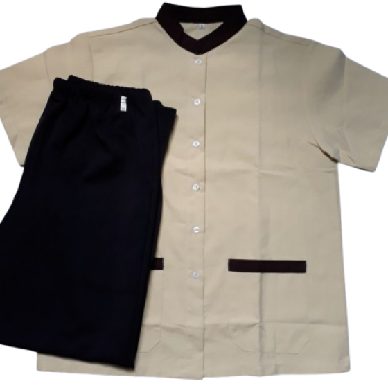 BỘ TẠP VỤ ÁO CHẤT KATE FORD MÀU KEM, QUẦN THUN CO GIÃN MÀU ĐEN. CÓ SẴN