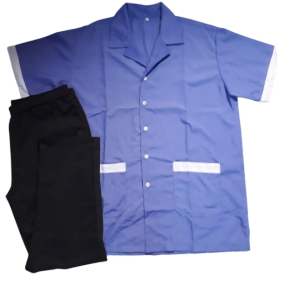 BỘ TẠP VỤ ÁO KATE SIÊU XANH PHỐI VIỀN TÚI VÀ VIỀN TAY MÀU TRẮNG, QUẦN THUN ĐEN CÓ SẴN