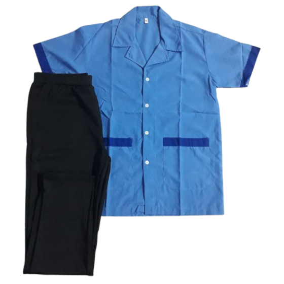 BỘ TẠP VỤ ÁO VẢI KATE SIÊU MÀU XANH PHỐI VIỀN XANH, QUẦN THUN ĐEN CÓ SẴN