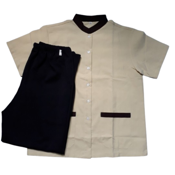 BỘ TẠP VỤ ÁO CHẤT KATE FORD MÀU KEM, QUẦN THUN CO GIÃN MÀU ĐEN. CÓ SẴN